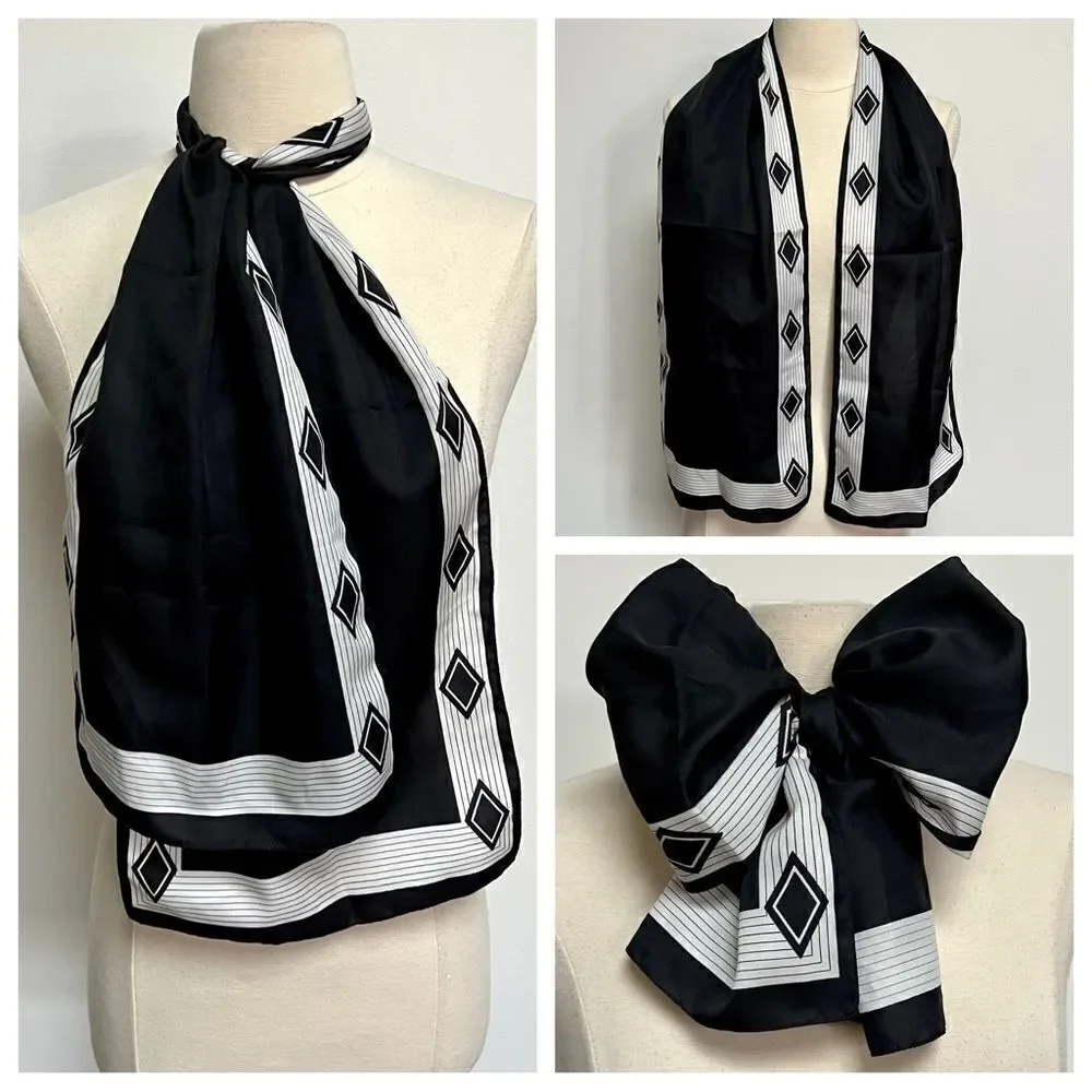 Vintage 1960s Long Black Southwestern Diamond Trim Black and White Scarf